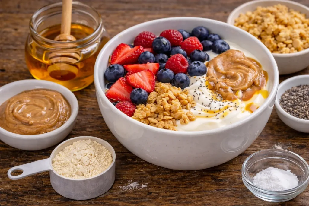 Greek yogurt protein bowl with berries, granola, and nut butter for a high protein breakfast recipe