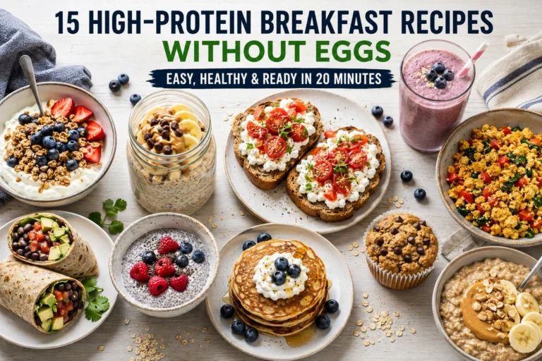 Flat-lay of high-protein egg-free breakfasts including yogurt parfait, overnight oats, and cottage cheese toast