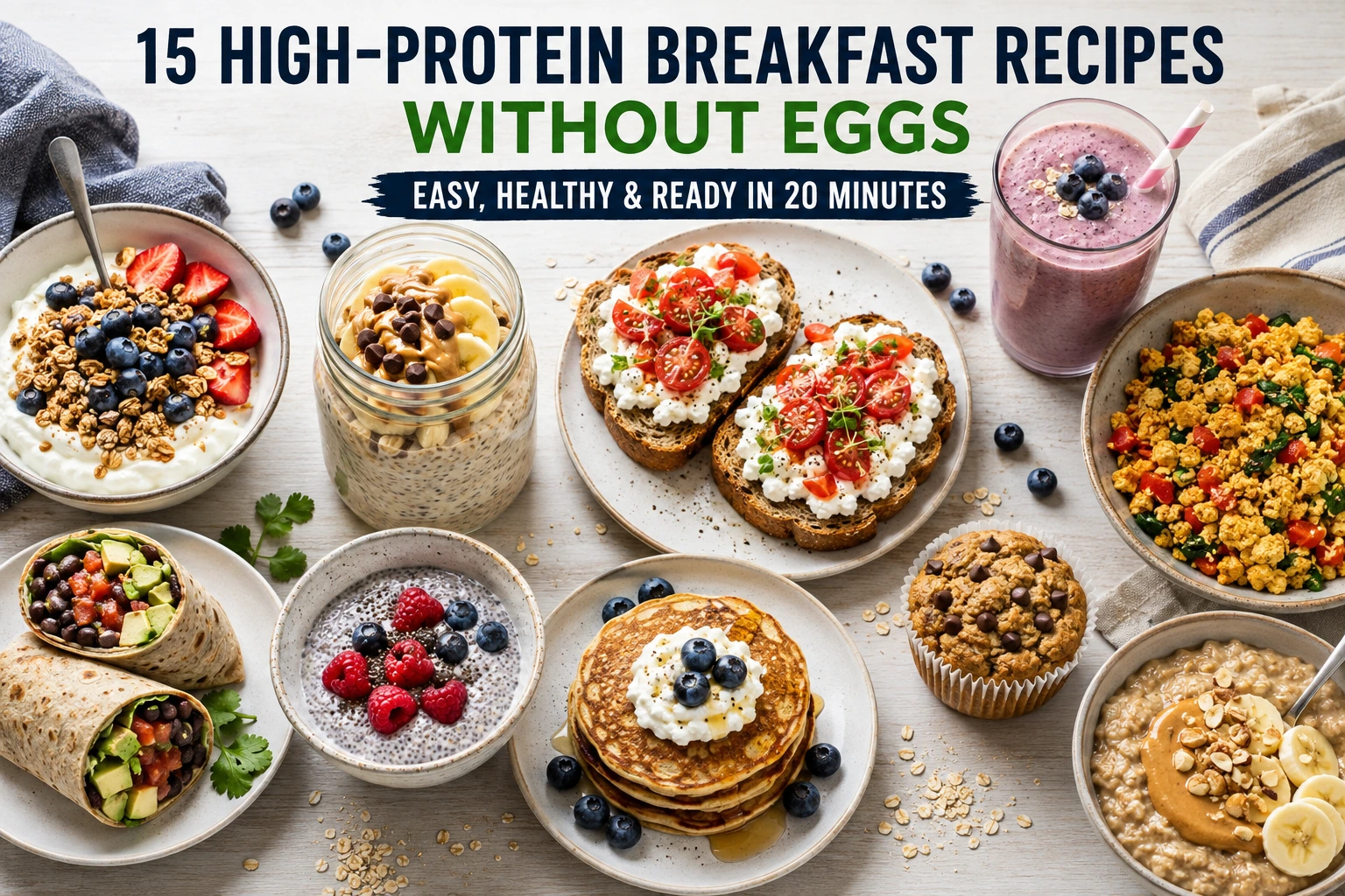 Flat-lay of high-protein egg-free breakfasts including yogurt parfait, overnight oats, and cottage cheese toast